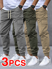 Men's Three-pc Cargo Pants, Solid Color Multi-Pocket Casual Outdoor Sports Trousers, Suitable for Spring, Summer, and Autumn