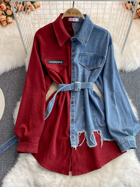 Denim Corduroy Lapel Dress 2025 Autumn/ Winter New Korean-style Waist-cinching and, Irregular Mid-length