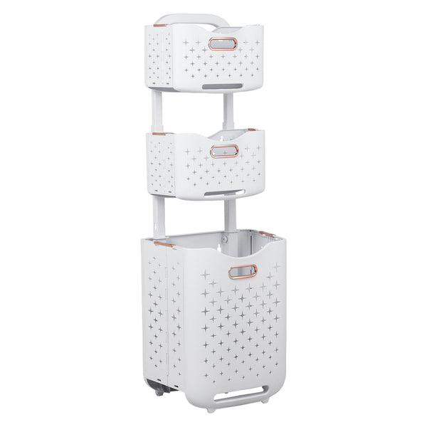 Three-Tier Laundry Basket with Wheels and Handle, Collapsible and Foldable Plastic Clothes Storage Bin, Portable Bathroom Storage Rack, Multifunctional Kitchen Organizer Basket. Compact Design, Sturdy and Durable. Dimensions: 39cm W x 29cm D x 115cm H.