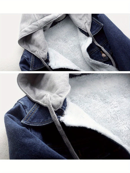 Women's denim hooded winter jacket with pockets - Warm panel design, detachable hood, casual autumn/ winter jacket, comfortable for outdoor wear, Women's winter denim, Cold Weather Wear, Seasonal Fashion, Retro Style, Quality Stitching, Casual Attire