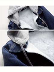 Women's denim hooded winter jacket with pockets - Warm panel design, detachable hood, casual autumn/ winter jacket, comfortable for outdoor wear, Women's winter denim, Cold Weather Wear, Seasonal Fashion, Retro Style, Quality Stitching, Casual Attire