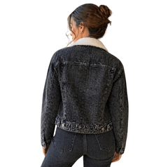 Women'S Black Denim Jacket with Sherpa Collar, Fleece Lined Jean Trucker Jacket, Warm Button Up Long Sleeve Winter Coat, Casual Vintage Denim Outerwear with Pockets
