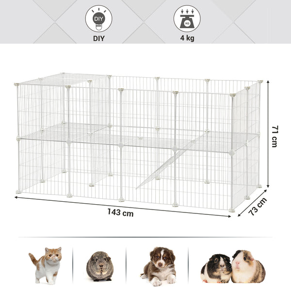 2-Floor Metal Pet Playpen, 36 Grid Panels, Customisable Cage Enclosure for Small Animals, Guinea Pigs Hamster Runs, Rabbit Hutches, Includes Mallet, Indoor, 143 x 73 x 71 cm, White/Black