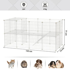 2-Floor Metal Pet Playpen, 36 Grid Panels, Customisable Cage Enclosure for Small Animals, Guinea Pigs Hamster Runs, Rabbit Hutches, Includes Mallet, Indoor, 143 x 73 x 71 cm, White/Black