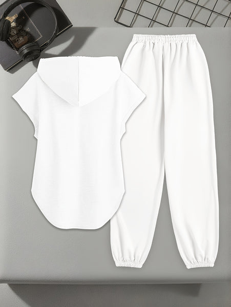 Women's Solid Color Suit, Polyester Fabric, Machine Washable, Casual and Loose Fit, Suitable for Going Out, Drawstring Sleeveless Hooded Sweatshirt, Trouser Suit.