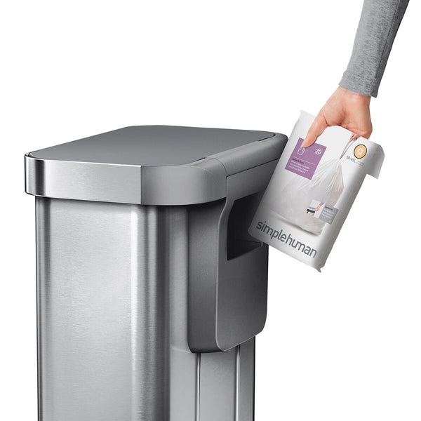 Simplehuman Rectangular Step Can Bin 55L in Brushed Stainless Steel with Grey Plastic Lid