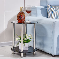 Round Side Table, Glass Sofa Side Table for Living Room, 2-Tier Small Coffee Table with Glass Top and Chrome Legs