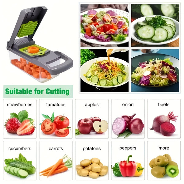 16-In-1 Enhanced Vegetable Chopper, Multi-Functional Vegetable Cutter, Versatile Fruit Slicer, Manual Food Grater with Container, Interchangeable Multi-Blade Onion Chopper, Home Potato Slicing Tool