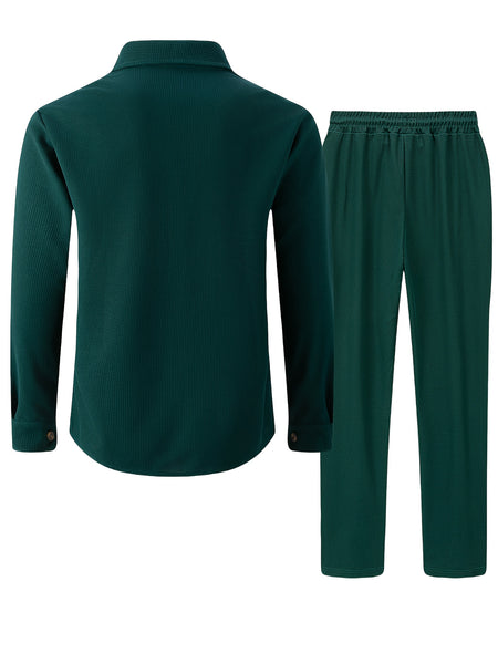 Men's Two-Piece Set, Autumn-Winter Casual Fashion Beach Dual Pocket Turn Collar Long Sleeve Shirt + Trousers Outfit for Fall/Winter Hawaiian Vacation