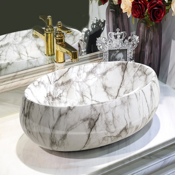 White Ceramic Bathroom Vanity Wash Basin Sink Countertop Oval Marble Effect Bowl With Stainless Steel Drainer Kit, Hand Wash Basin, Classic Design White Marble Effect Oval Sink for Bathroom Lavatory, Hotel Vanity Unit, 48x34x14.5cm, Only Basin
