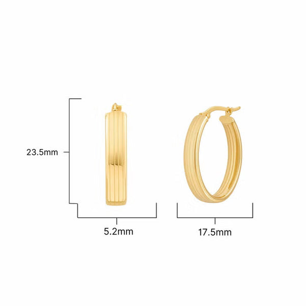 14Ct Yellow Gold Line Texture Oval Hoop Earrings
