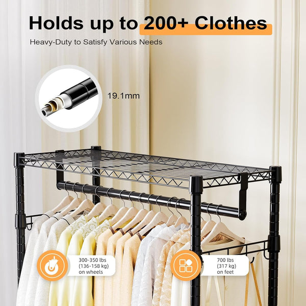 M MZG Heavy Duty Easy to Assemble - Multi-functional Removable Clothes Rack - with Three Shelves, Side Hooks And Locking Casters - Sturdy And Durable - Suitable for Bedroom, Living Room And Wardrobe Black