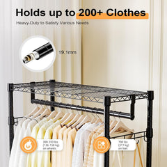 M MZG Heavy Duty Easy to Assemble - Multi-functional Removable Clothes Rack - with Three Shelves, Side Hooks And Locking Casters - Sturdy And Durable - Suitable for Bedroom, Living Room And Wardrobe Black