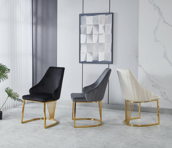 Set of 2 Modernique Velvet Upholstered Dining Chairs with Gold Metal Frame, Available in Black Grey and Cream