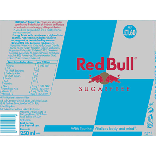 Red Bull Sugar Free PMP £1.60, 24 X 250Ml