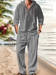 Men's Fashion Lightweight Linen Long Sleeve Hoodie + Pants Set, Solid Color, Versatile Moisture-Wicking Quick- Non-Stretch Fabric, Regular Fit with Drawstring Details, Ideal for Beach, Outdoor Leisure, Vacation, Parties, Straight-Leg Design, Machine