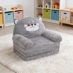 Cozy Kid Folding Sofa, Plush, Washable Lounge Chair for Playroom & Nursery, Gray Dog Style Foldable Wide Handle Soft Breathable Toddler Chair for Reading Relaxing Sleeping(2 Layers)