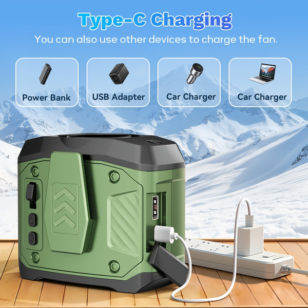 7W Brushless Turbo Dual Motor Waist Fan, 100-Speed Levels, 6000mAh Rechargeable with Phone Charging, LED Display, Flashlight, Desktop Stand & Lanyard, Multiple Wearing Modes for Outdoor Camping Hiking Fishing