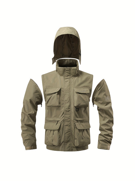 Detachable Windbreaker Hooded Jacket, Men's Casual Multi Pocket Cargo Jacket Vest for Outdoor Activities