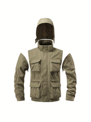 Detachable Windbreaker Hooded Jacket, Men's Casual Multi Pocket Cargo Jacket Vest for Outdoor Activities
