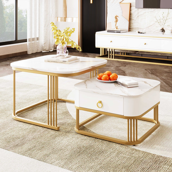 Modern Pedestal Base Space Saving Coffee Table Set of Two, Engineered Wood and Artificial Board Construction, Hardwood, Black Finish, High Gloss Stone Table Top, Metal Golden Accents, with Drawer, Without Electricity, Battery Free.
