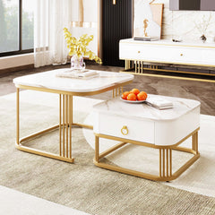 Modern Pedestal Base Space Saving Coffee Table Set of Two, Engineered Wood and Artificial Board Construction, Hardwood, Black Finish, High Gloss Stone Table Top, Metal Golden Accents, with Drawer, Without Electricity, Battery Free.