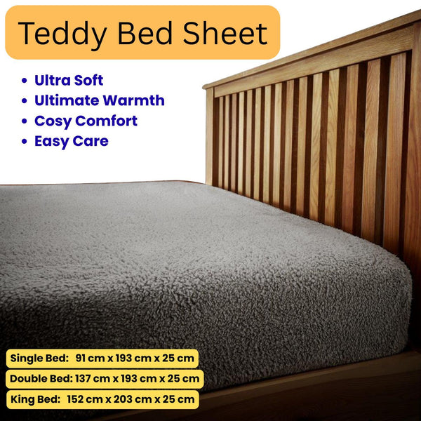 Luxury Teddy Brushed Fleece Fitted Sheet Silver | Easy Care Bed Linen with Elastic Corners 25Cm Deep Pocket | Plain Dyed Super Soft And Snuggly Winter Bedding | Fluffy, Comfortable And Warm Thermal Bed Sheet | Cosy And Luxury Fit for Cold Nights | Machine