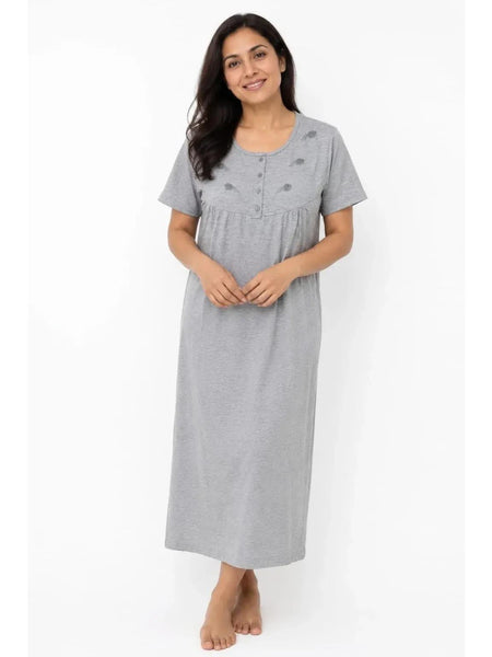 Women'S Nightdress Soft Comfortable Short Sleeve Nightie Button Front Embroidered Sleep Dress Loose Fit Midi Lounge Nightwear House Dress S-XXL
