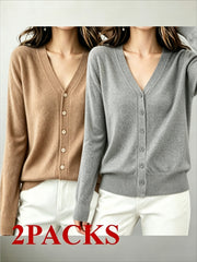 2pcs (2-Pack) Women's Soft Cardigan Sweater - V-Neck Button Button-Front Closure, -Line Regular Fit Button Collar Sweaters Suitable for Daily Wear, Spring/Summer Blouses for Office, Casual & Layering