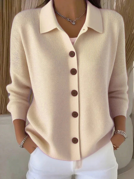 Women Lapel Collar Button Front Solid Long Sleeve Loose Casual Cardigan Top