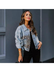 New Leopard Print Fashion Patchwork Torn Denim Top Casual Jacket, Casual Autumn Wear | Patchwork Denim Jacket | Glossy Fabric Finish