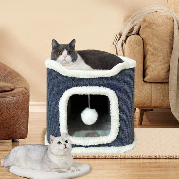 Large Cat Bed Cat House Cave & Tower Foldable Indoor 1/2/3 Layer with Hanging Toy Ball for Small Medium Pets, Large Cats Cube Bed Cave with Hideaway Condos