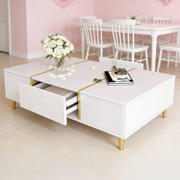 Modern Simple White High-gloss Coffee Table - 2 Drawers Storage Design For Small Space And Home Decor