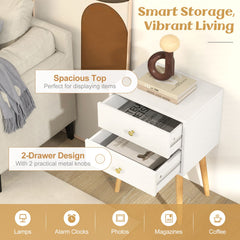 GYMAX Nightstand, Mid-century Modern Bedside Table with 2 Drawers, End Table with Solid Wood Support Legs for Small Spaces, Versatile in Living Room Bedroom, White