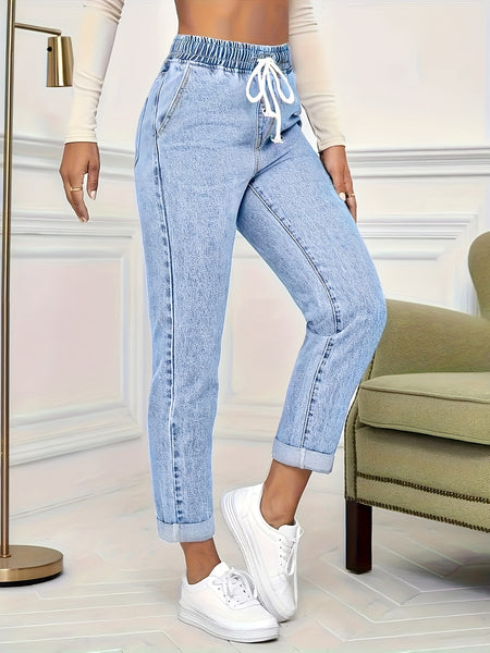 Ladies' 2026 New Stretch Elastic Drawstring Slim Cropped Jeans, Acid Wash Blue Cuff Straight Denim Trousers, Elegant Women's Clothing, Tapered Pantalones for All Seasons, Mom Pants with Pockets, High Waisted Tummy Control Travel Casual Pants