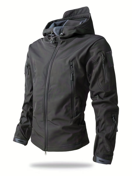 Men'S Winter Soft Shell Jacket with a Hood, Featuring Pockets And a Solid Color, Suitable for Outdoor Wear