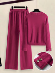 Women's 2pcs Set with Side Stripe| Crewneck Sweater & Relaxed Fit Straight Leg Pants| Soft Loungewear for Spring Autumn | European Casual Y Style