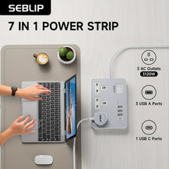 Power Supply 7in 1 Flat Plug Power Socket Outlet Extension Lead, 4 USB Slots Charging Ports Extension Socket, Multi Socket Power Board
