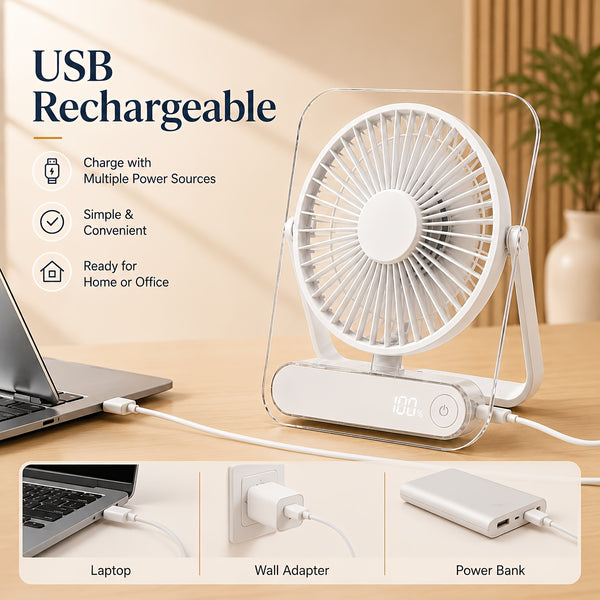 USB Desk Fan, 5000Mah [15H Max Working Time] Ultra Quiet Battery Operated Small USB Fan with Strong Wind, 180° Tilt Foldable And 5 Speeds Adjustable, Battery Powered Mini Personal Fan for Office Bedroom Desktop - Gift
