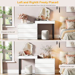 Corner Vanity Desk With Mirror And LED Lights - White Makeup Vanity Table With Clear Glass Top Jewelry Storage Rack And 5 Drawers