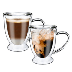 Vinsani Double Walled Coffee Drink Glasses Tea Cup Mug Heat Cold Resistant Aesthetic Clear Borosilicate Glass with Handle Cappuccino Latte Tea Dessert Hot and Cold Drinks