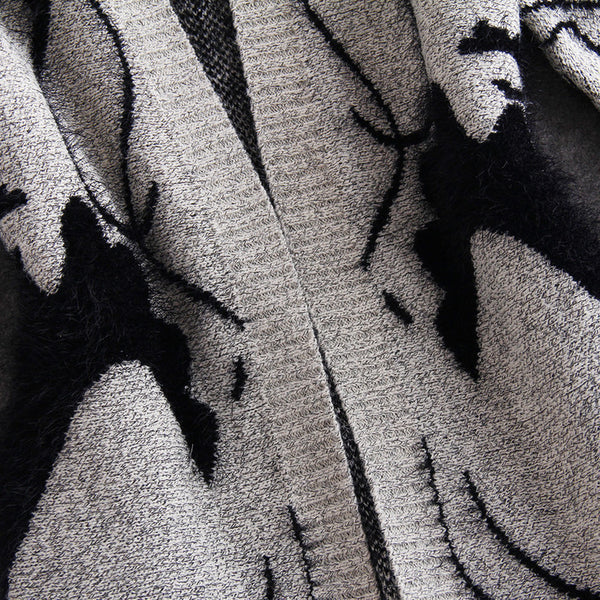 Women'S Abstract Batwing Sleeve Cardigan Sweater - High Neck & Contrast with Greyish- Tones, Mid-Length Casual Winter Fall Jacket, Cozy Character Pattern Design for Layering, Semi-Formal & Casual Attire, Cardigan Sweaters for Women