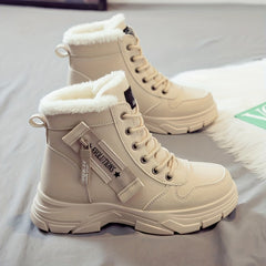 Women'S Winter Ankle Boots - Thick Cushioned Sole, Lace-Up Closure, Beige/White - PU Synthetic Cover Upper - Warm Cold Weather Boots for Everyday & Formal Outfits - Easy-Clean Shoes, Ladies Winter Boots, Casual Footwear, Plush Lined Interior, Fabric Lined