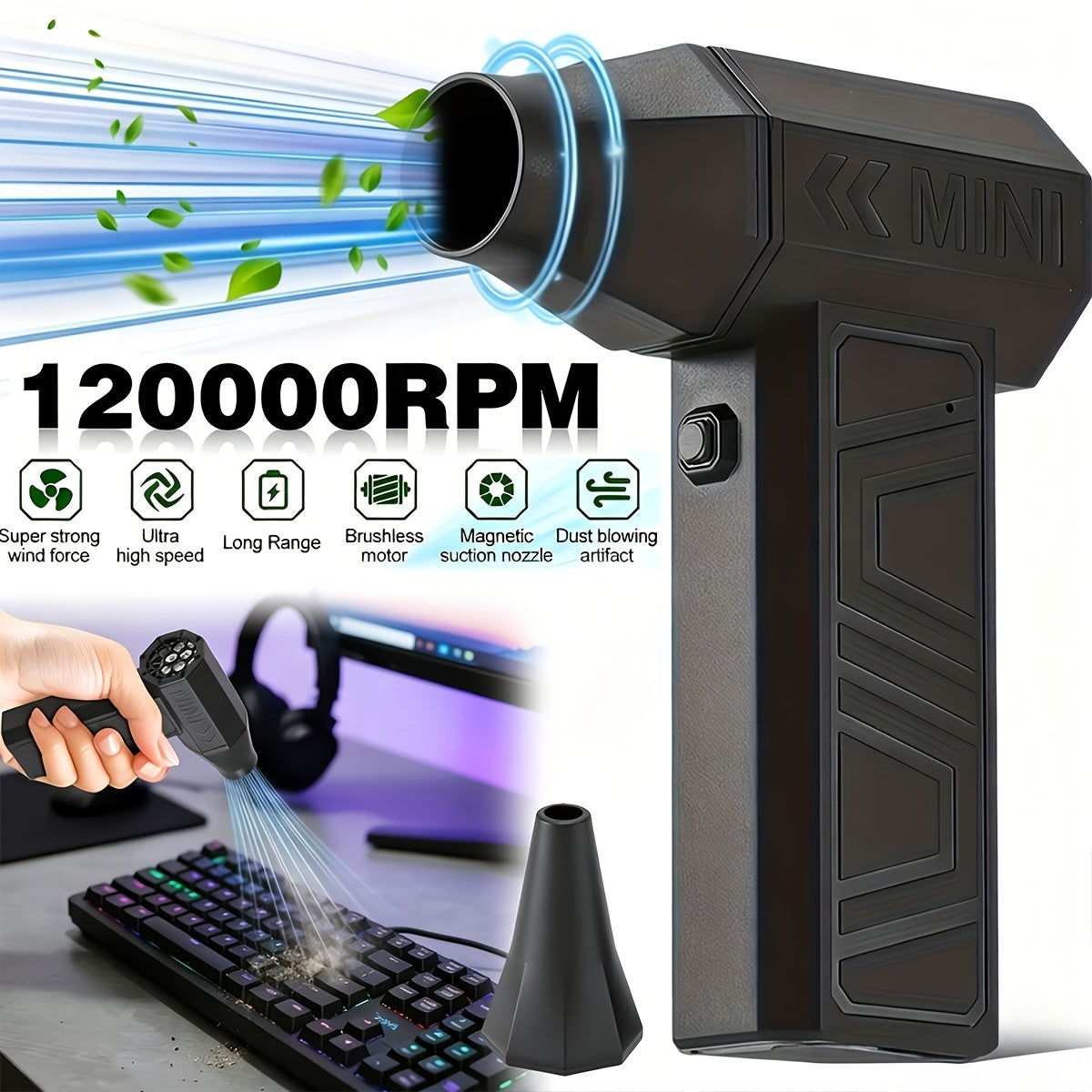 120000 RPM Turbo Jet Blower | USB-C Fast Charging, Three-Speed Powerful Airflow, Multi-Function High-Pressure Handheld Turbo Jet Fan, Dual-Use Car And Home Cleaning Dust Blower, Summer Cooling Fan, Built-in High-Capacity Lithium Batteries