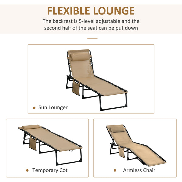 Portable Sun Lounger, Folding Camping Bed with Side Pocket and Pillow for Patio