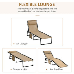 Portable Sun Lounger, Folding Camping Bed with Side Pocket and Pillow for Patio