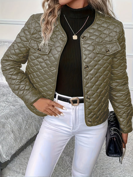Solid Color Long Sleeve Lapel Detail Quilted Coat