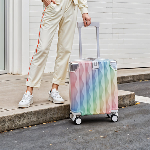 Cabin Luggage, Multifunctional Suitcase, Travel Suitcase, Carry-on Luggage with Cup Holder, Stand, Hook, Dreamy Rainbow Gradient Luggage 18 Inch, Lightweight & Durable Trolley Case with Spinner Wheels