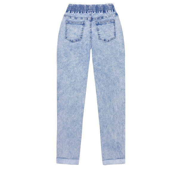 Ladies' 2026 New Stretch Elastic Drawstring Slim Cropped Jeans, Acid Wash Blue Cuff Straight Denim Trousers, Elegant Women's Clothing, Tapered Pantalones for All Seasons, Mom Pants with Pockets, High Waisted Tummy Control Travel Casual Pants