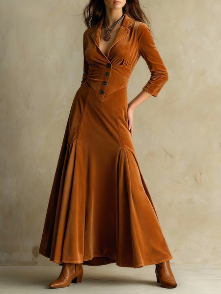 Chic Long Dress with a Lapel Collar, Featuring Three-Quarter Sleeves And a Vintage Full Skirt. Perfect for Autumn And Winter Office Wear, Retro Gatherings, Casual Outings, And Light Social Events